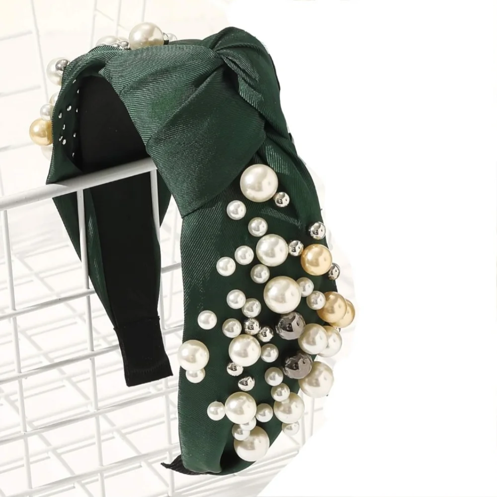 NWOT Dark Green Knotted Headband with Faux Pearl & Bead Embellishments ๐๐ฆช - Picture 1 of 13